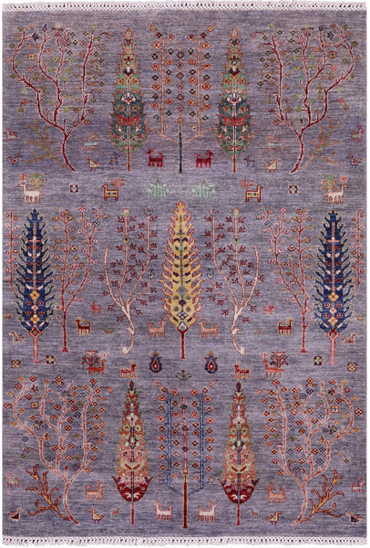 Grey Tribal Persian Gabbeh Hand Knotted Wool Rug - 4' 1" X 5' 11" - Golden Nile