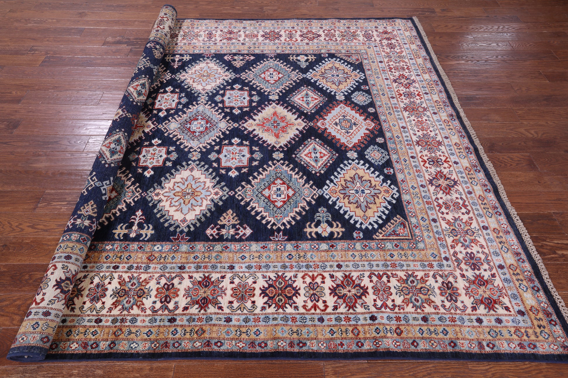 Blue Super Kazak Handmade Wool Rug - 8' 0" X 9' 9" - Golden Nile