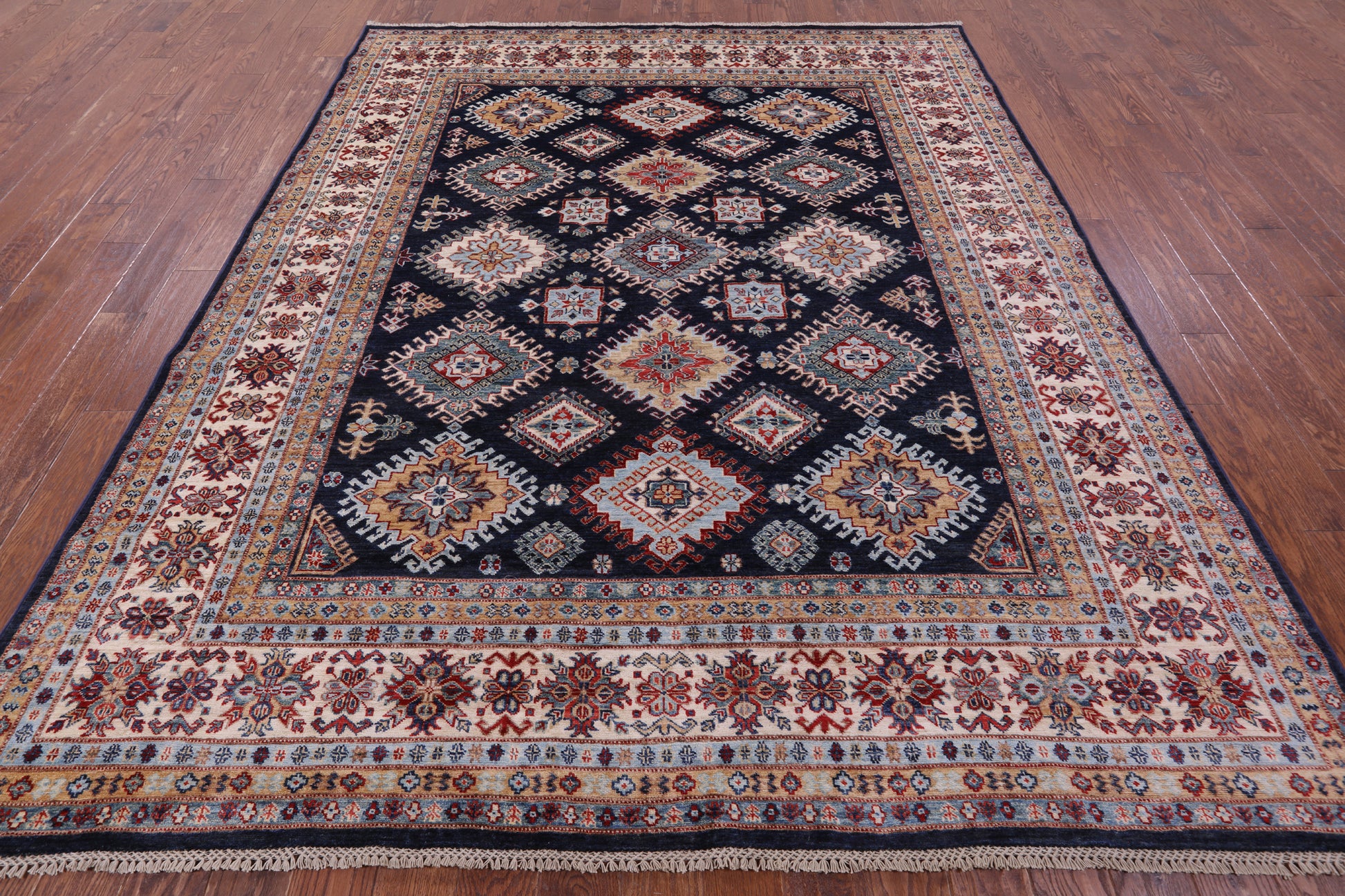 Blue Super Kazak Handmade Wool Rug - 8' 0" X 9' 9" - Golden Nile
