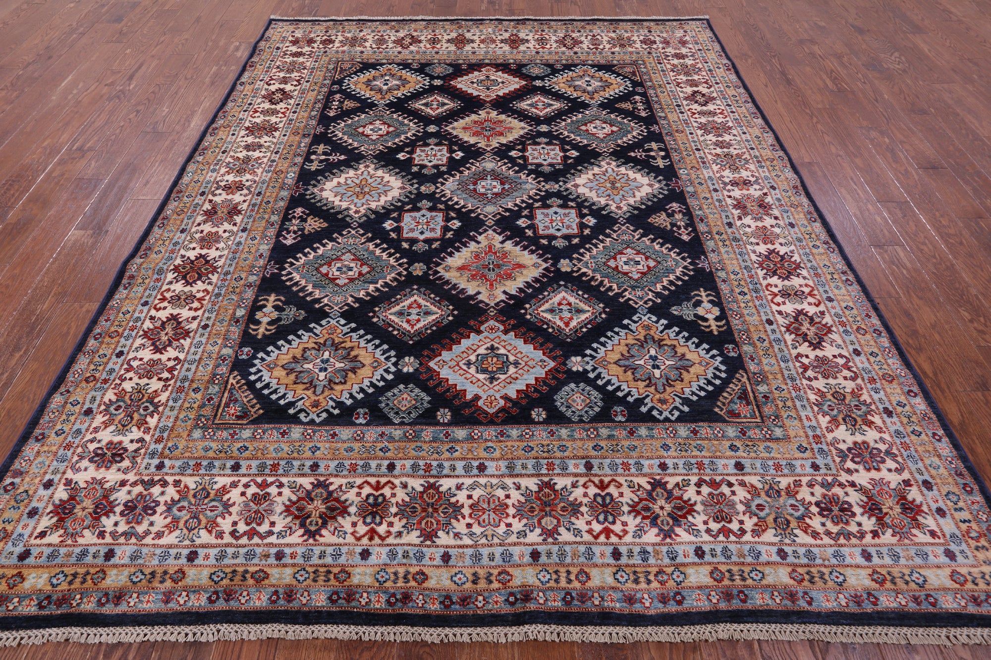Blue Super Kazak Handmade Wool Rug - 8' 0" X 9' 9" - Golden Nile