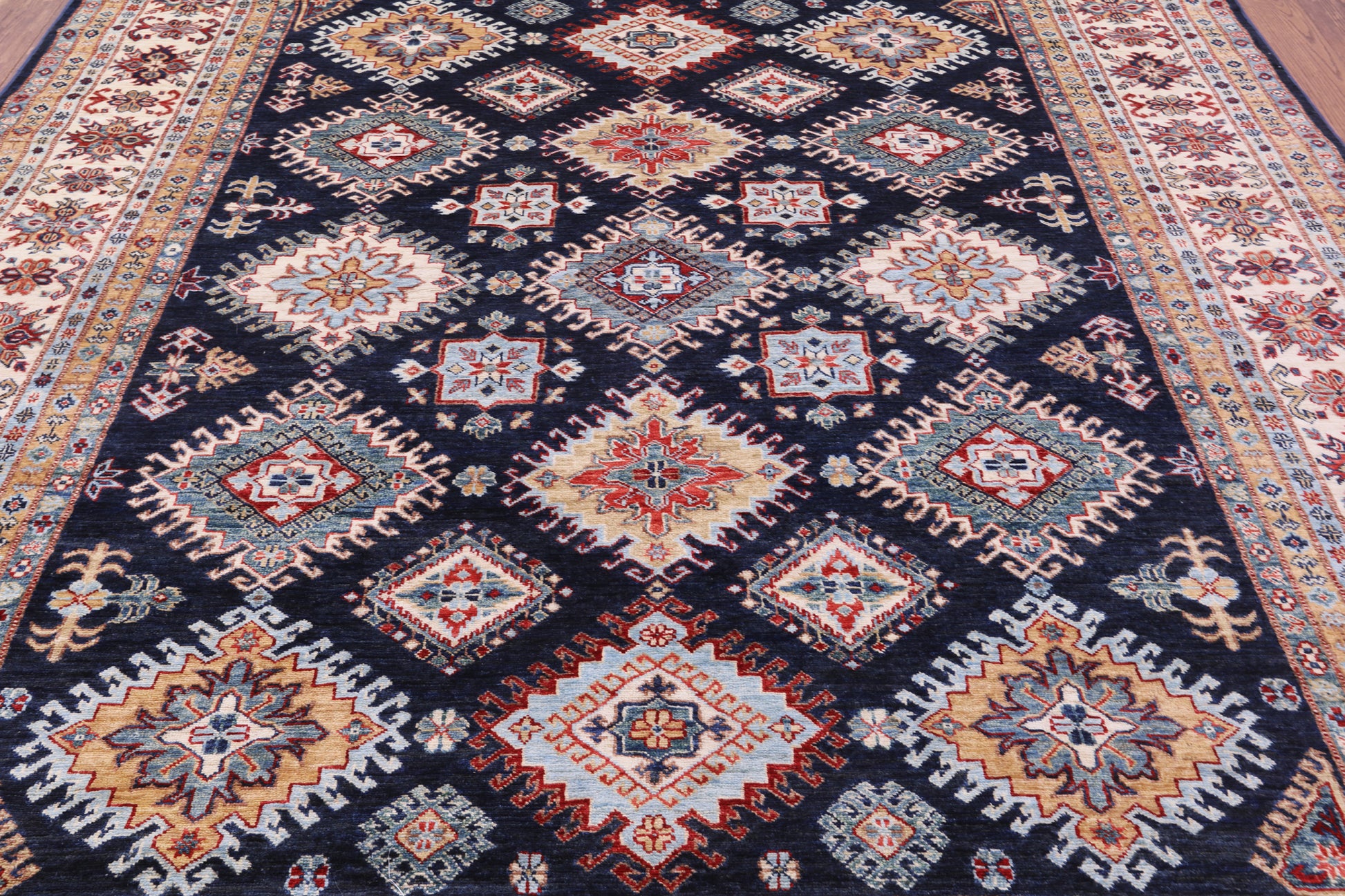 Blue Super Kazak Handmade Wool Rug - 8' 0" X 9' 9" - Golden Nile