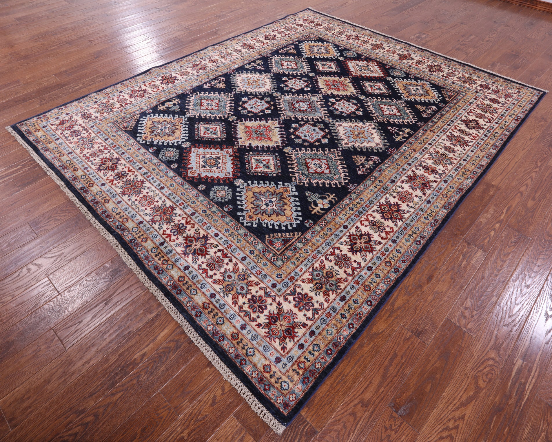 Blue Super Kazak Handmade Wool Rug - 8' 0" X 9' 9" - Golden Nile