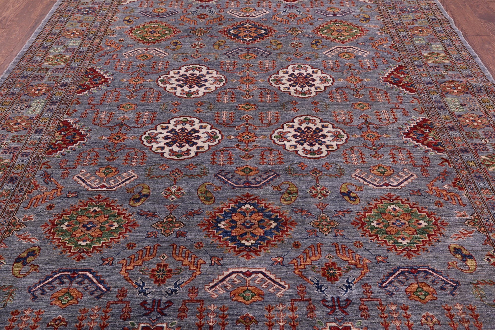 Grey Super Kazak Hand Knotted Wool Rug - 8' 1" X 10' 6" - Golden Nile