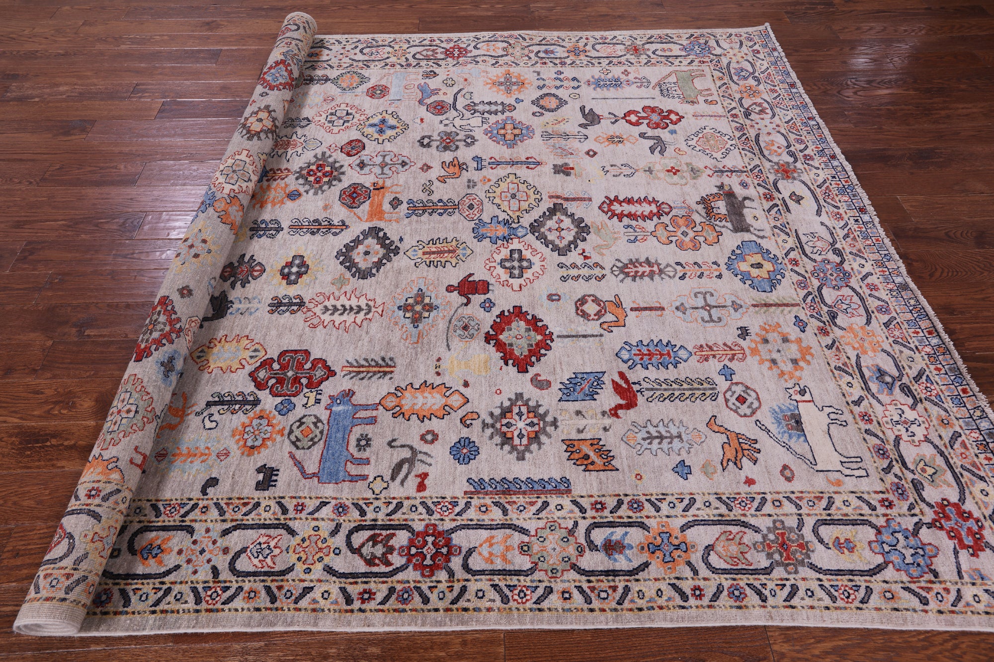 Ivory Persian Fine Serapi Hand Knotted Wool Rug - 7' 9" X 9' 9" - Golden Nile