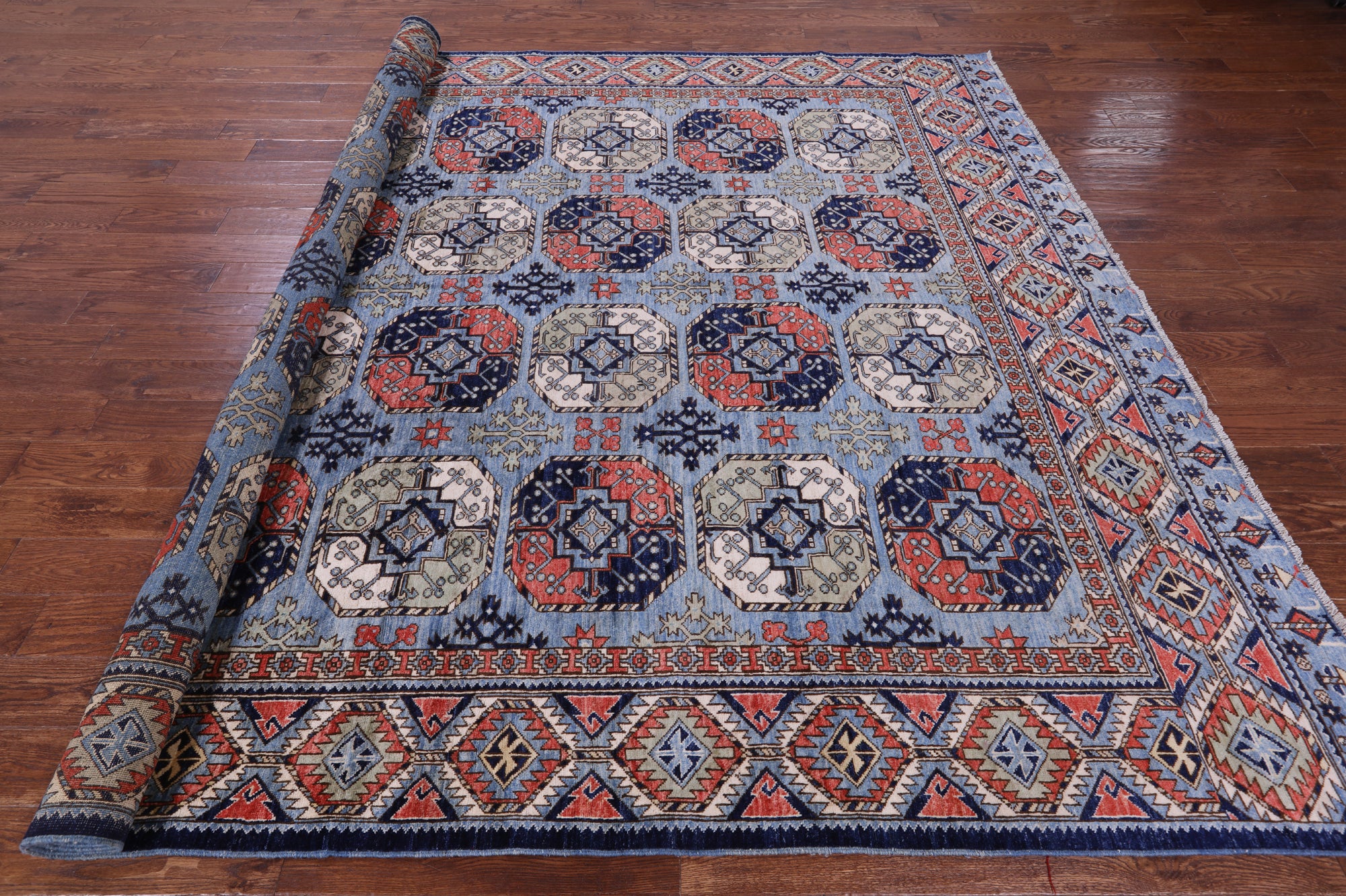 Blue Turkmen Ersari Hand Knotted Wool Rug - 9' 0" X 11' 11" - Golden Nile