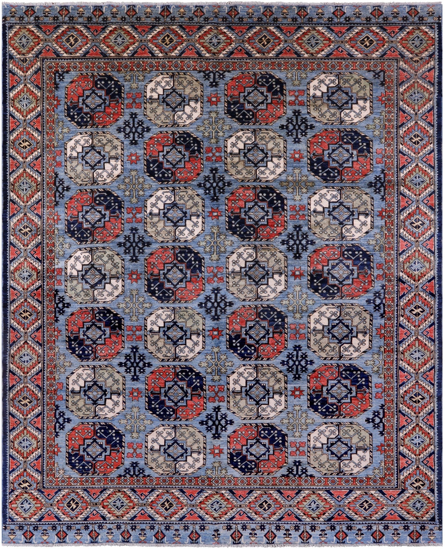 Blue Turkmen Ersari Hand Knotted Wool Rug - 9' 0" X 11' 11" - Golden Nile
