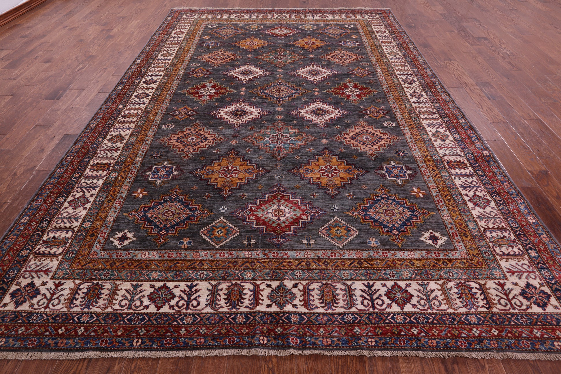 Grey Super Kazak Hand Knotted Wool Rug - 8' 10" X 12' 10" - Golden Nile