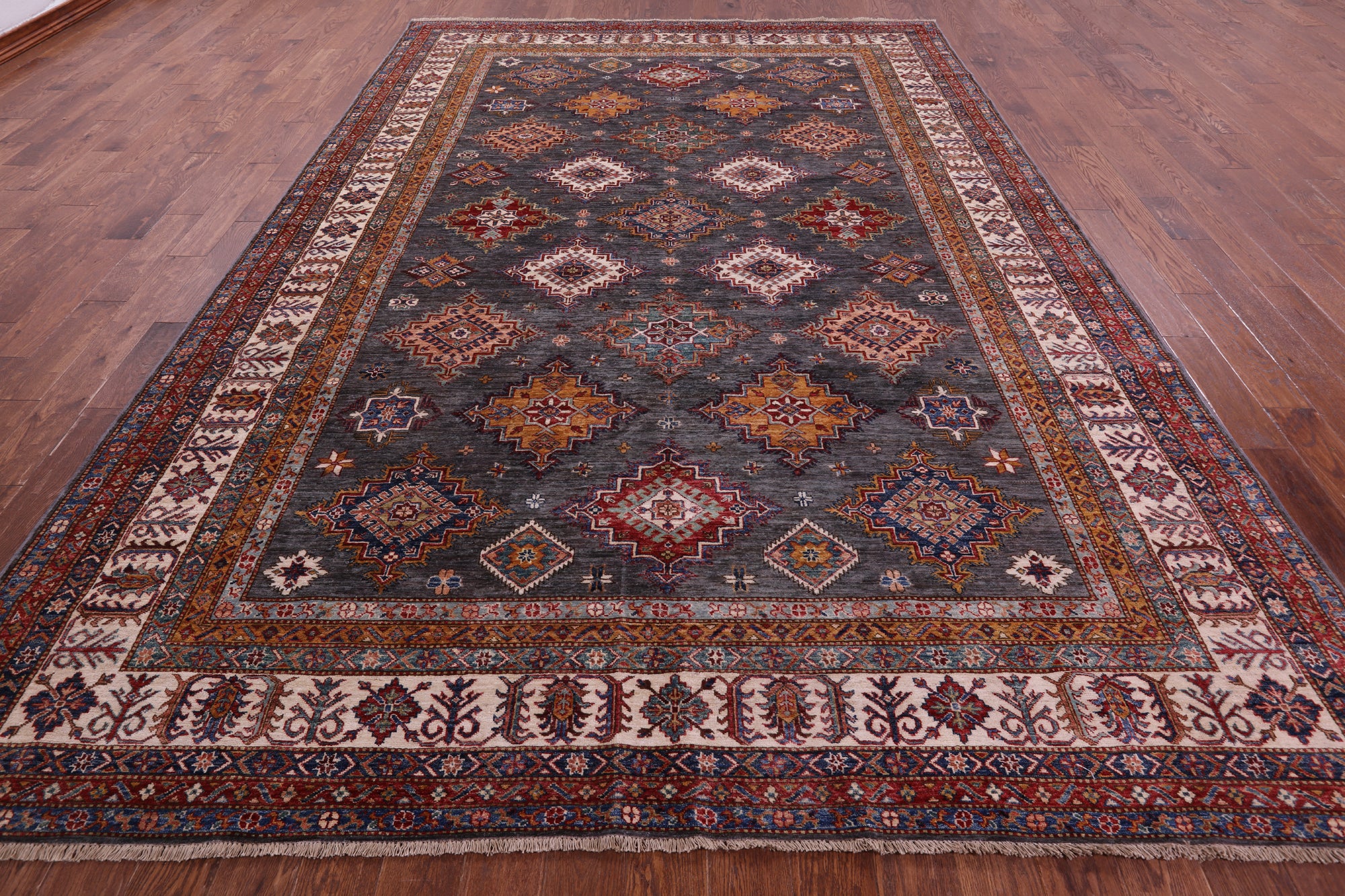 Grey Super Kazak Hand Knotted Wool Rug - 8' 10" X 12' 10" - Golden Nile