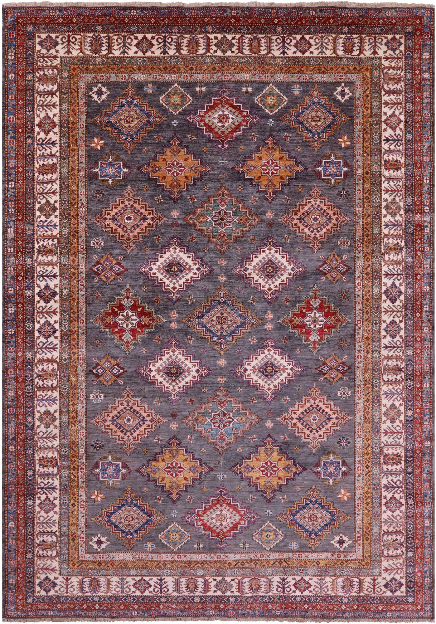 Grey Super Kazak Hand Knotted Wool Rug - 8' 10" X 12' 10" - Golden Nile
