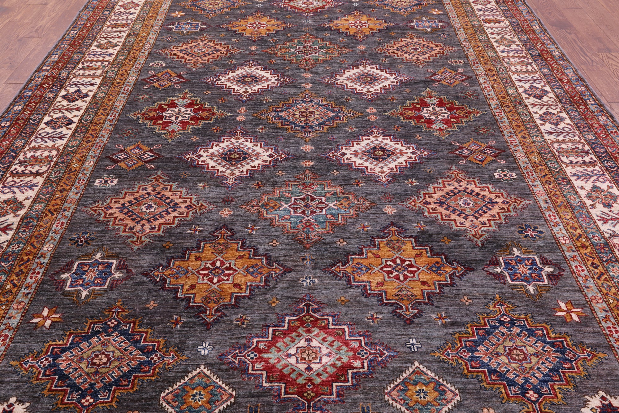Grey Super Kazak Hand Knotted Wool Rug - 8' 10" X 12' 10" - Golden Nile