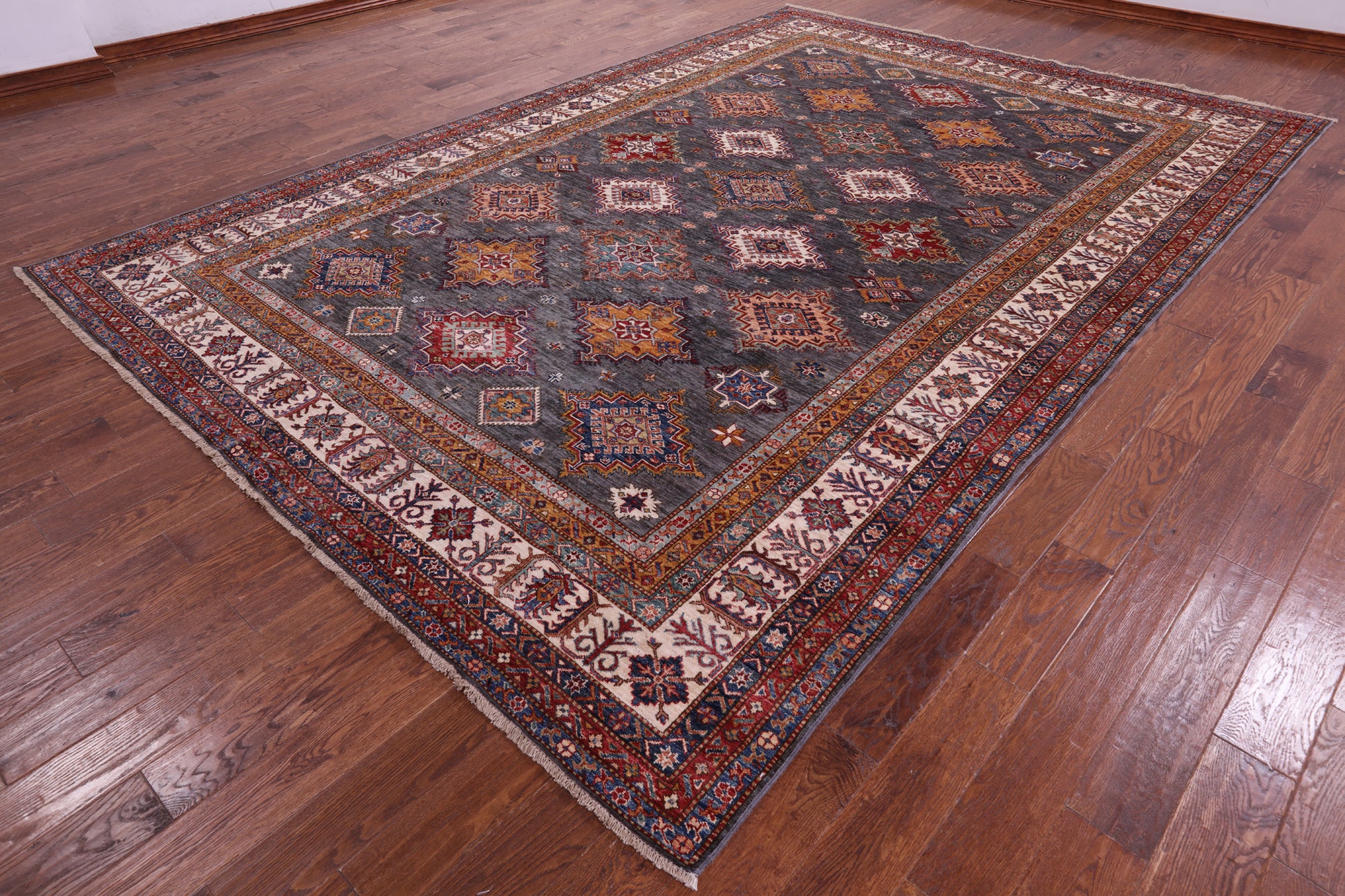 Grey Super Kazak Hand Knotted Wool Rug - 8' 10" X 12' 10" - Golden Nile