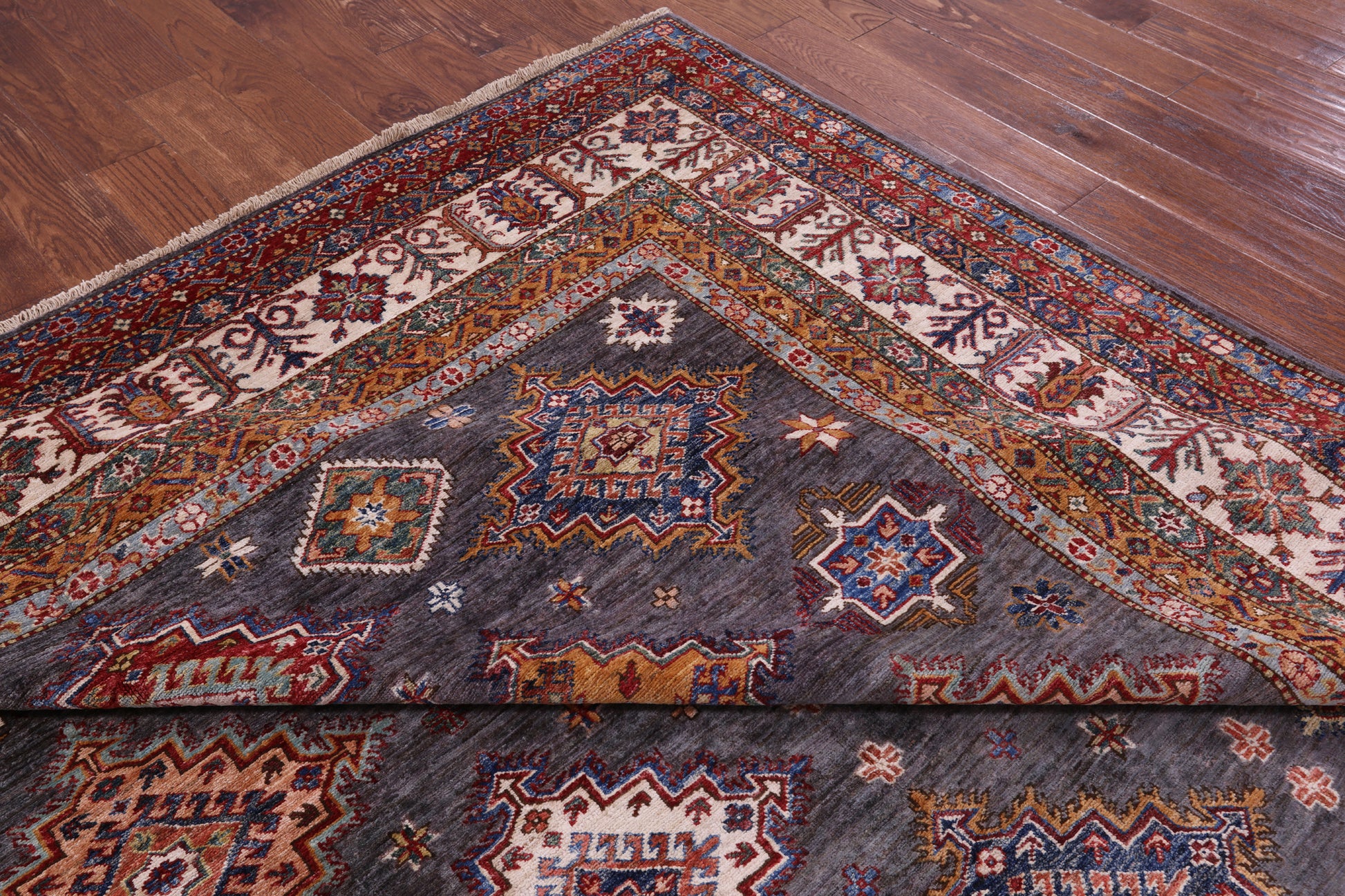 Grey Super Kazak Hand Knotted Wool Rug - 8' 10" X 12' 10" - Golden Nile