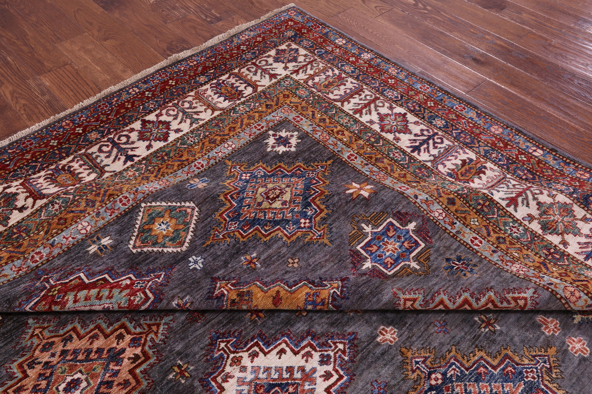 Grey Super Kazak Hand Knotted Wool Rug - 8' 10" X 12' 10" - Golden Nile