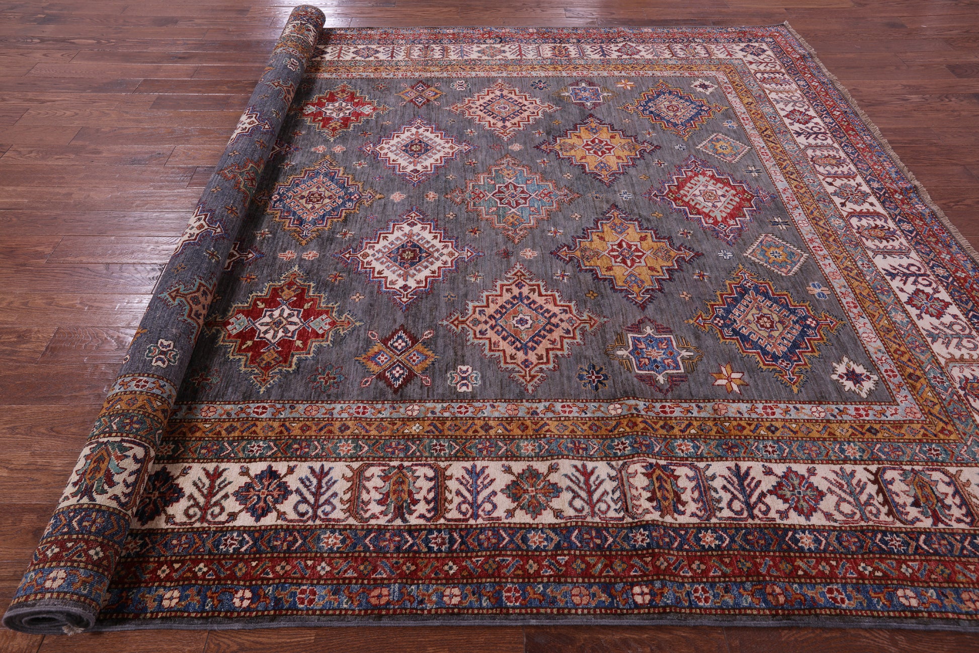Grey Super Kazak Hand Knotted Wool Rug - 8' 10" X 12' 10" - Golden Nile