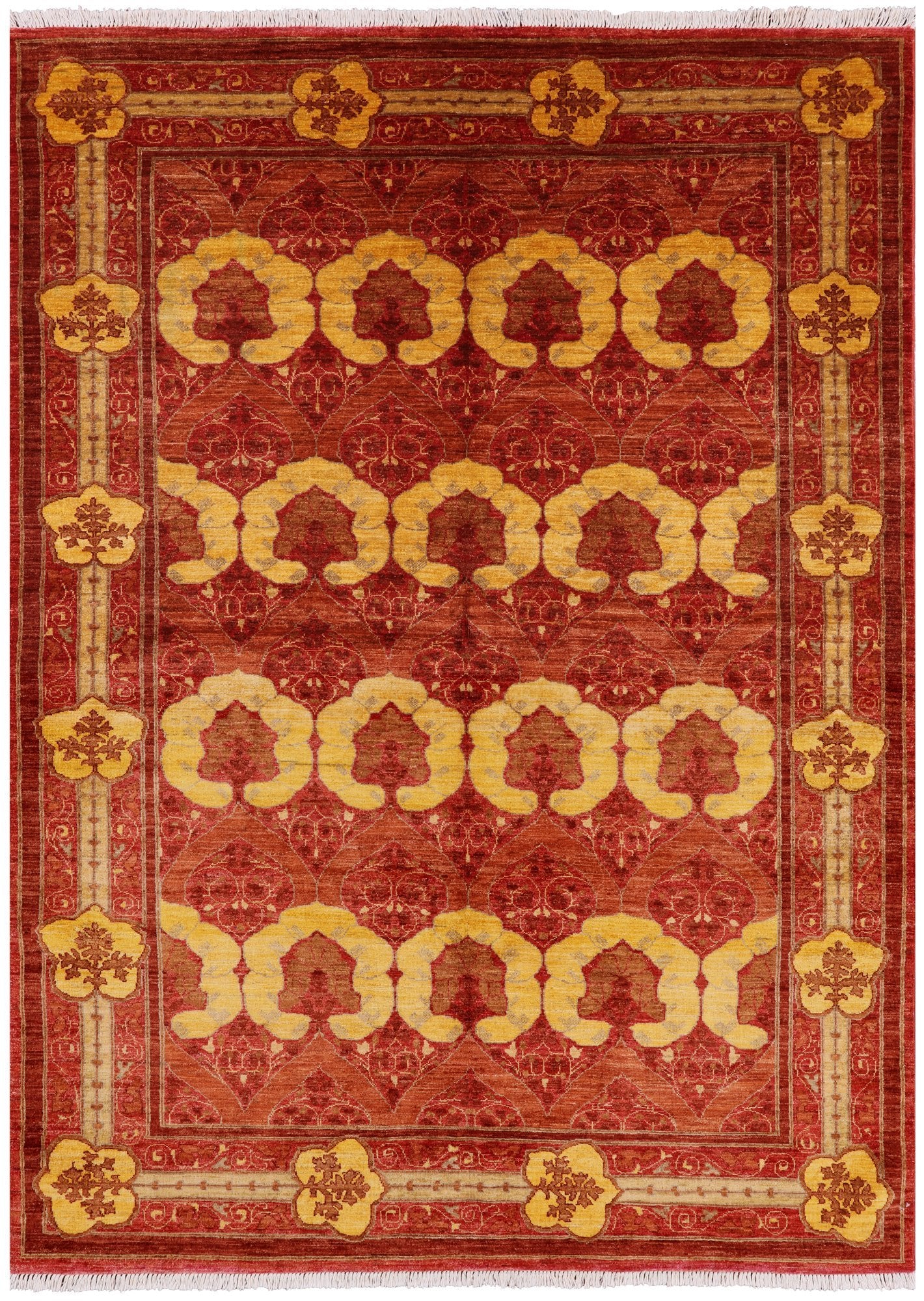 Red William Morris Hand Knotted Wool Area Rug - 6' 3" X 8' 6" - Golden Nile