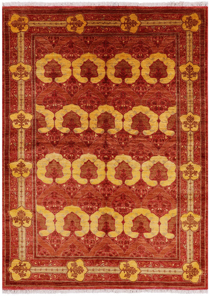 Red William Morris Hand Knotted Wool Area Rug - 6' 3" X 8' 6" - Golden Nile