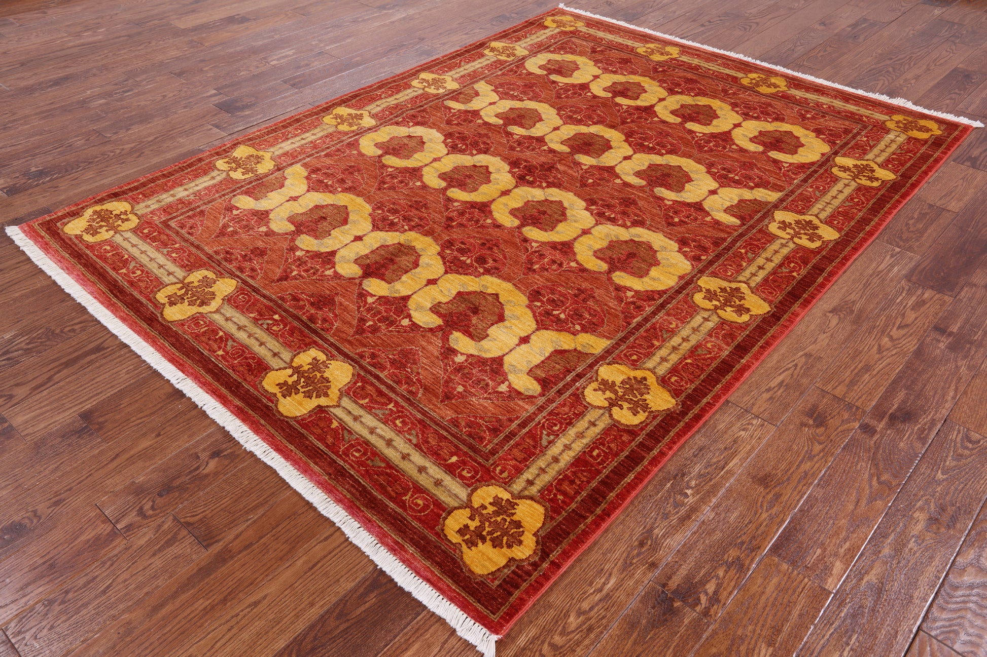 Red William Morris Hand Knotted Wool Area Rug - 6' 3" X 8' 6" - Golden Nile