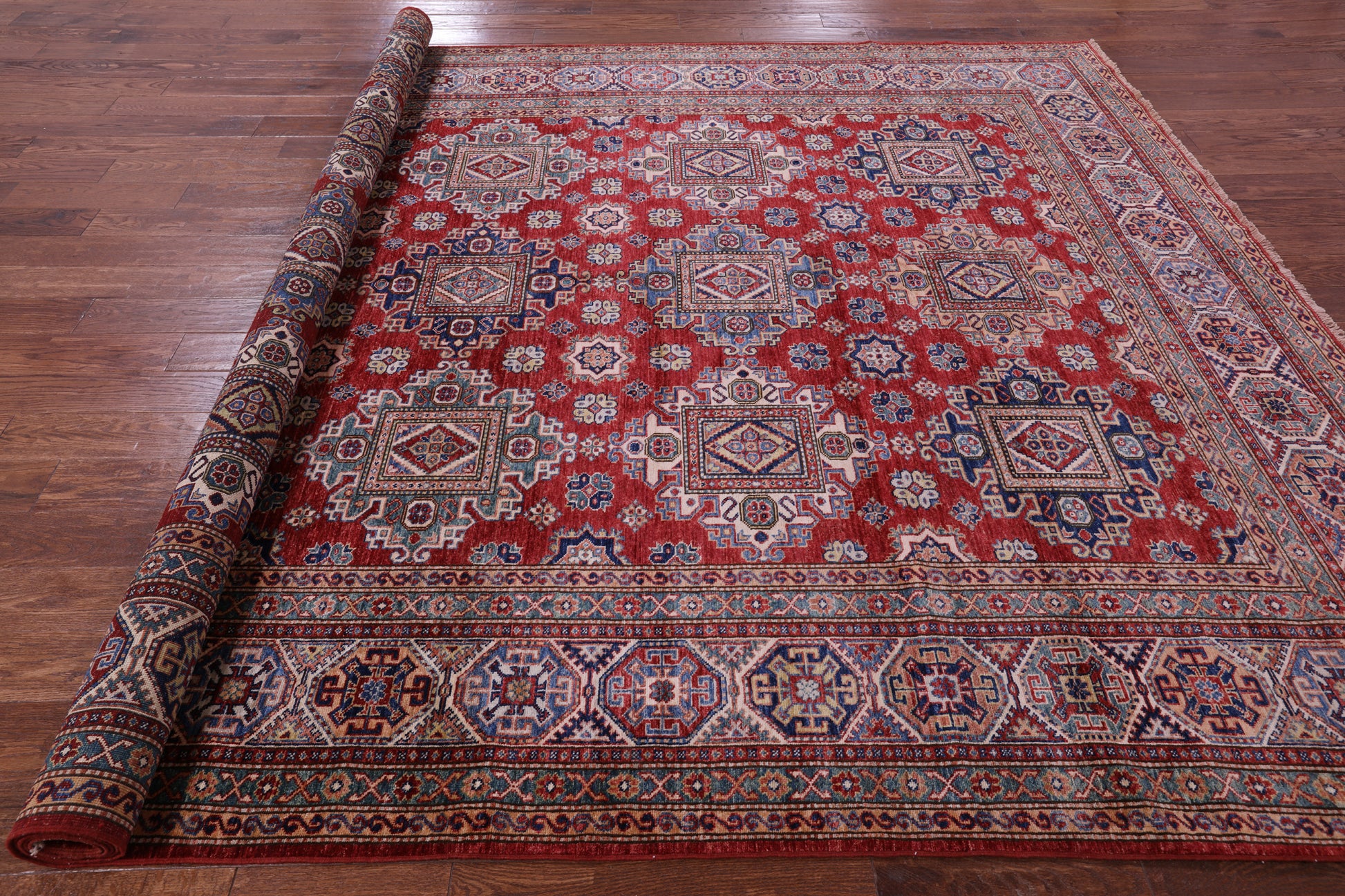 Red Super Kazak Hand Knotted Wool Rug - 8' 8" X 12' 4" - Golden Nile