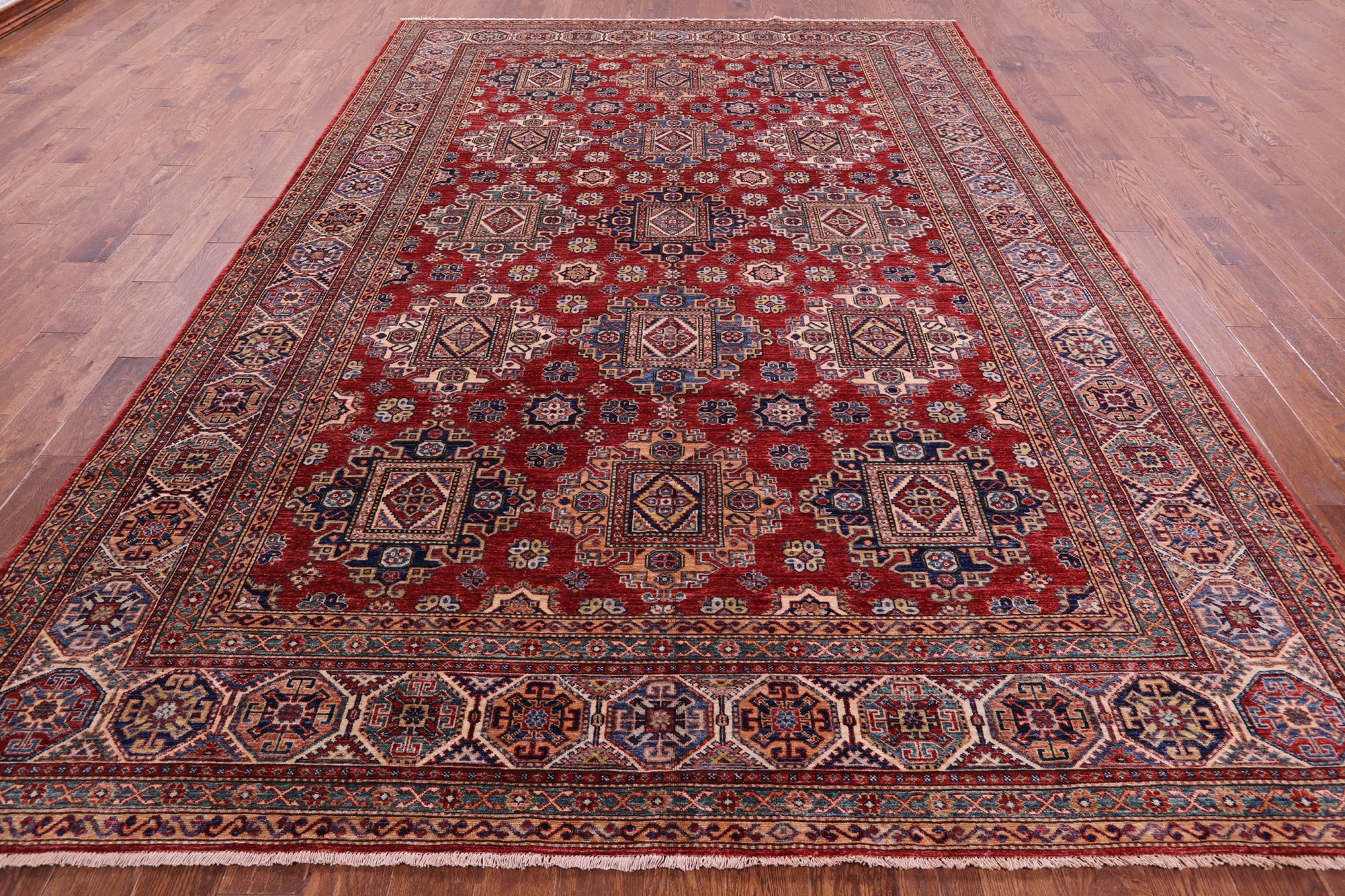 Red Super Kazak Hand Knotted Wool Rug - 8' 8" X 12' 4" - Golden Nile