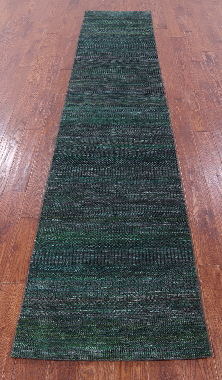 Green Savannah Grass Hand Knotted Wool & Silk Runner Rug - 2' 6" X 12' 1" - Golden Nile