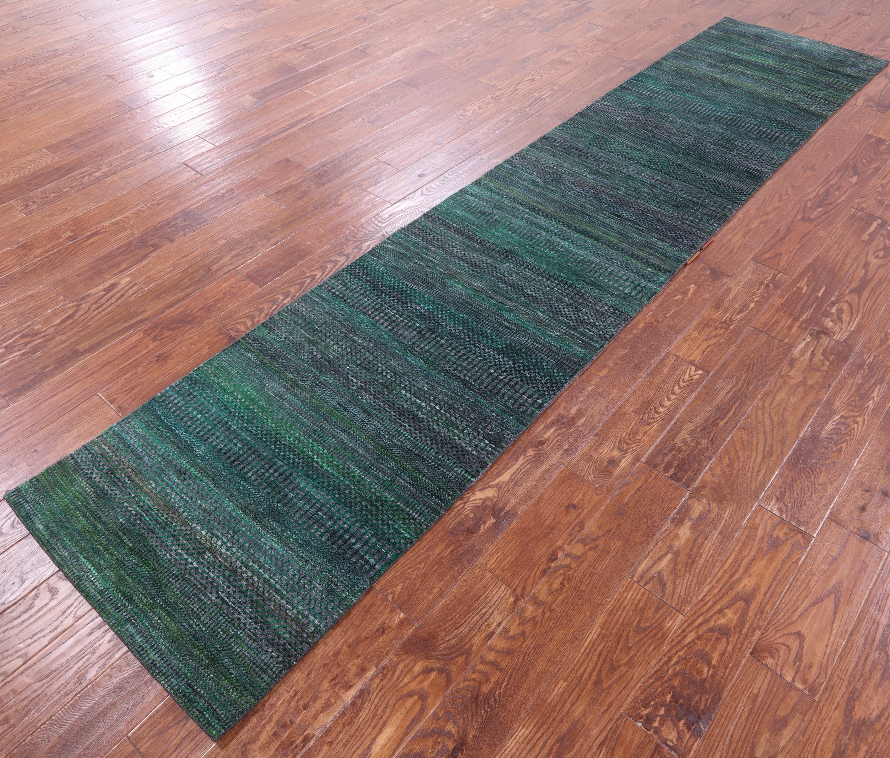Green Savannah Grass Hand Knotted Wool & Silk Runner Rug - 2' 6" X 12' 1" - Golden Nile