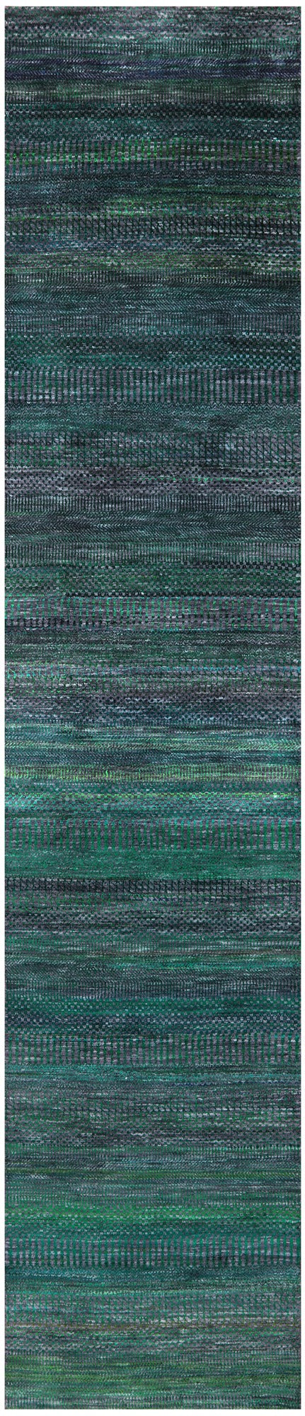Green Savannah Grass Hand Knotted Wool & Silk Runner Rug - 2' 6" X 12' 1" - Golden Nile