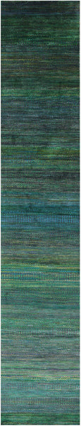 Green Savannah Grass Hand Knotted Wool & Silk Runner Rug - 2' 7" X 13' 11" - Golden Nile