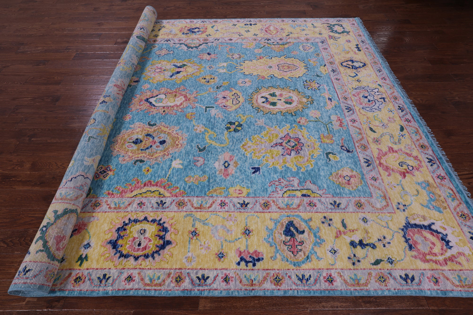 Blue Turkish Oushak Handmade Wool Rug - 9' 1" X 11' 11" - Golden Nile