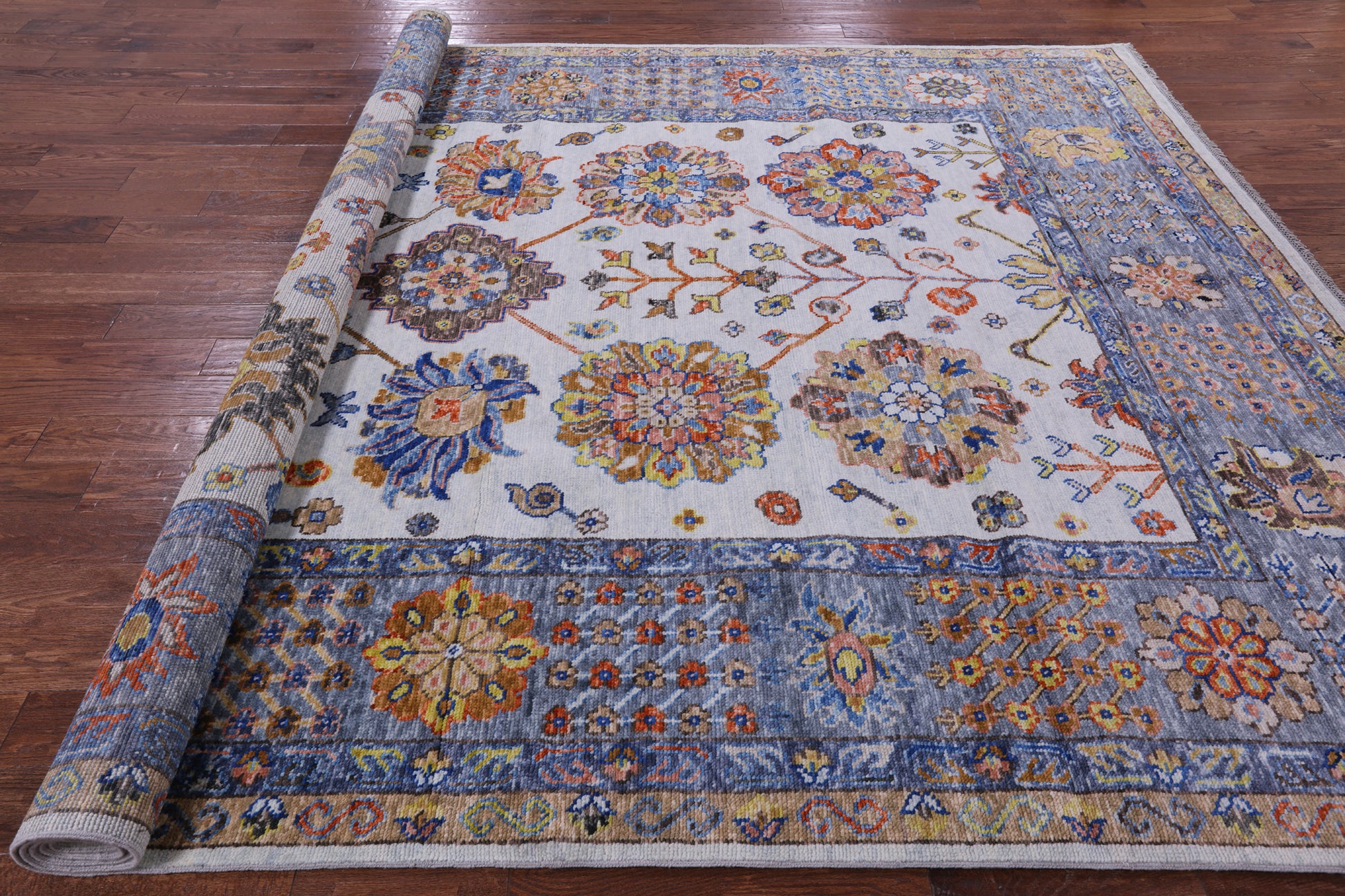 Blue Turkish Oushak Hand Knotted Wool Rug - 9' 1" X 12' 4" - Golden Nile