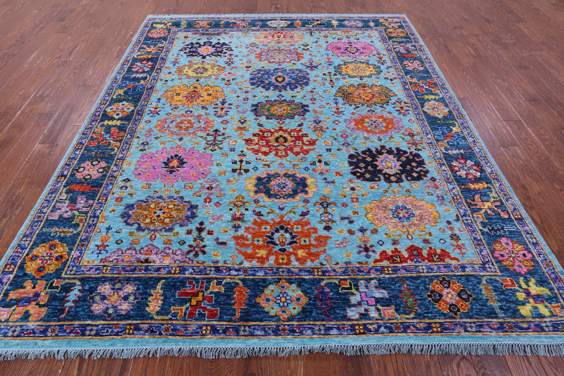 Blue Turkish Oushak Handmade Wool Rug - 8' 2" X 9' 6" - Golden Nile