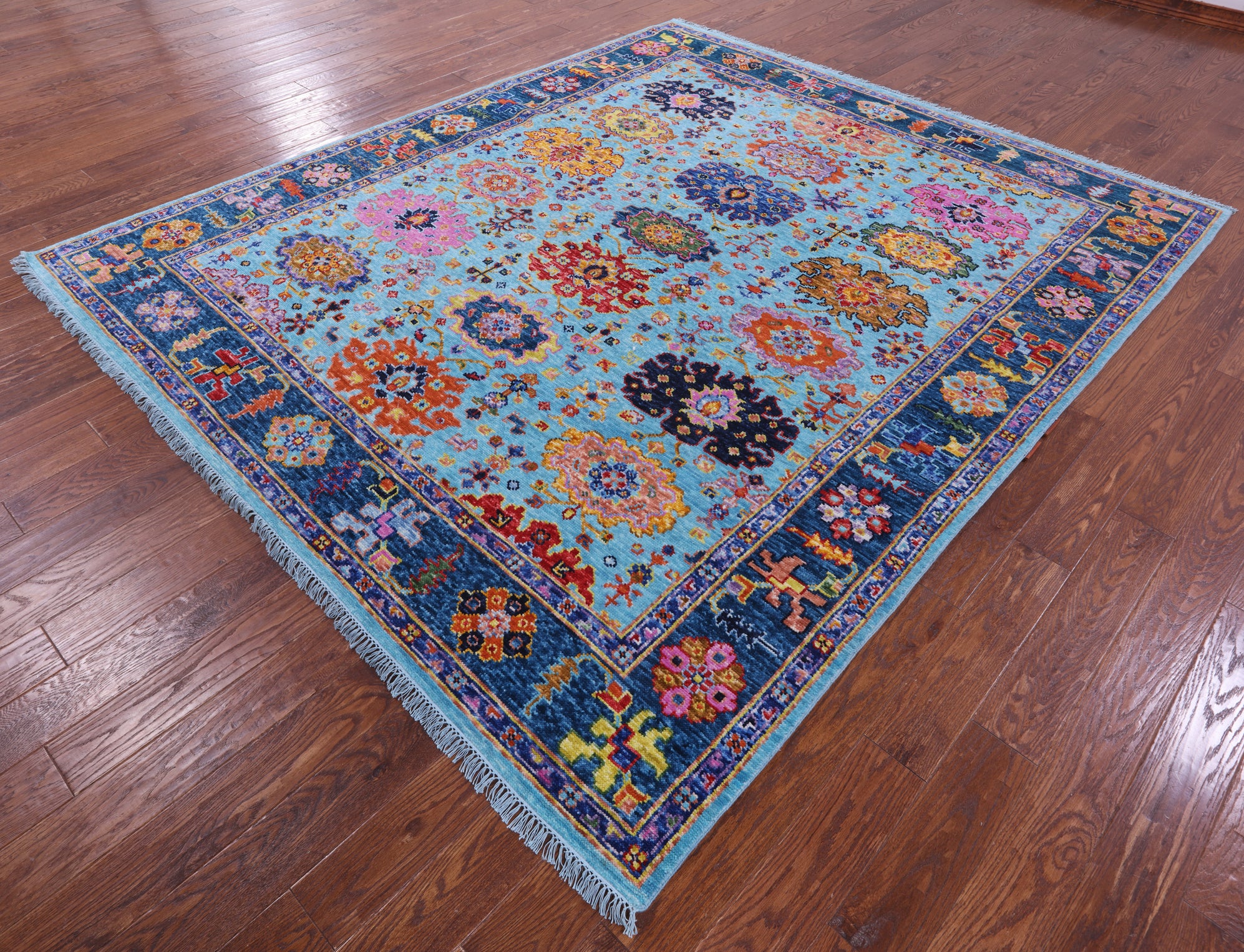 Blue Turkish Oushak Handmade Wool Rug - 8' 2" X 9' 6" - Golden Nile