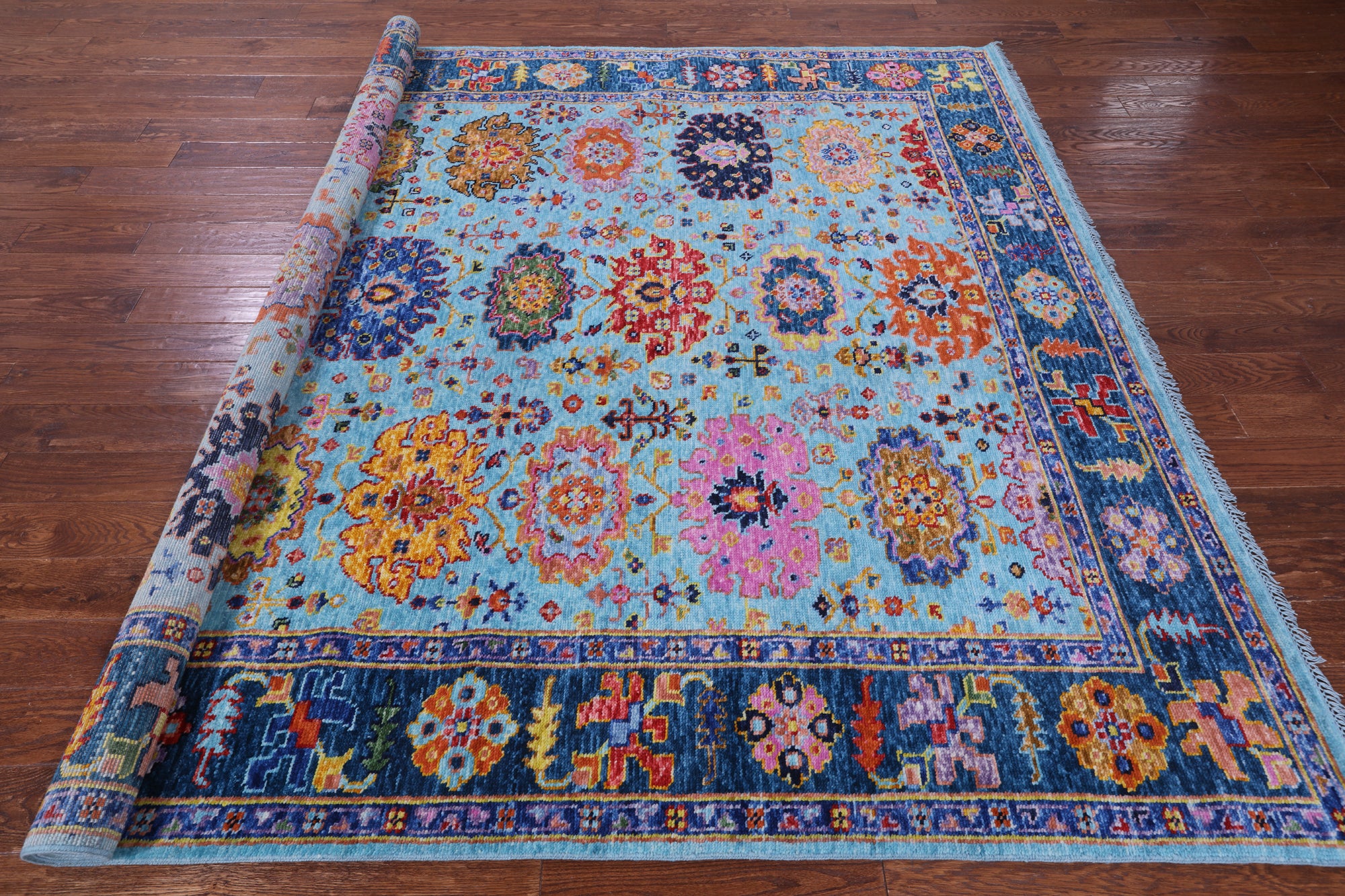 Blue Turkish Oushak Handmade Wool Rug - 8' 2" X 9' 6" - Golden Nile