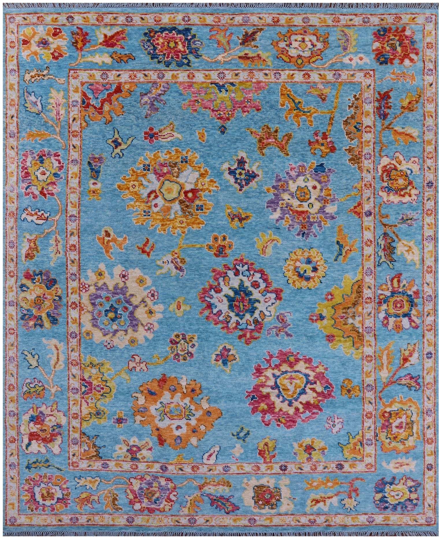 Blue Turkish Oushak Hand Knotted Wool Rug - 8' 1" X 9' 10" - Golden Nile