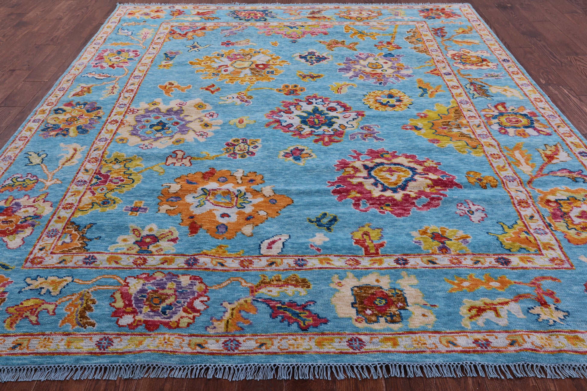 Blue Turkish Oushak Hand Knotted Wool Rug - 8' 1" X 9' 10" - Golden Nile