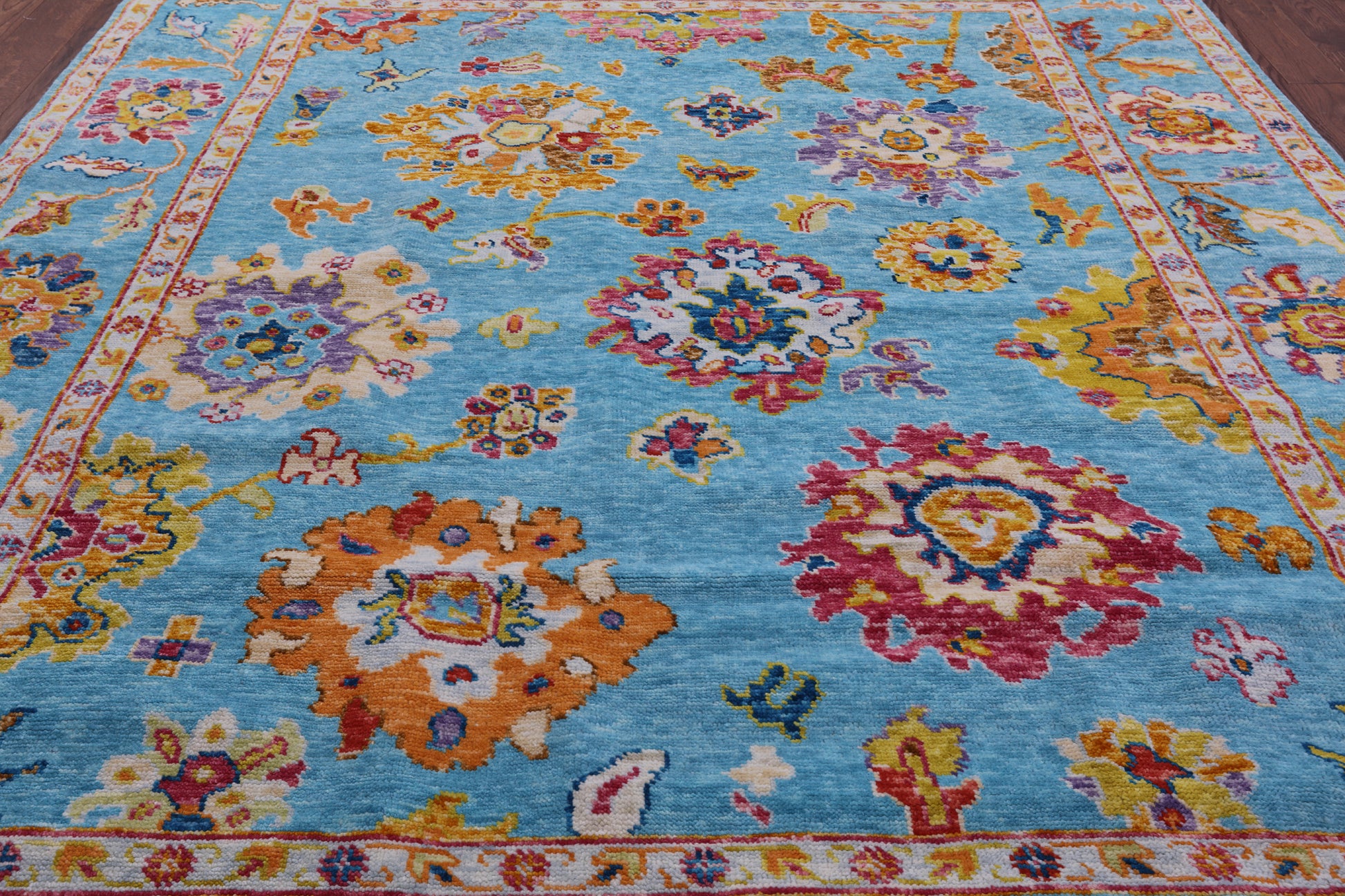 Blue Turkish Oushak Hand Knotted Wool Rug - 8' 1" X 9' 10" - Golden Nile