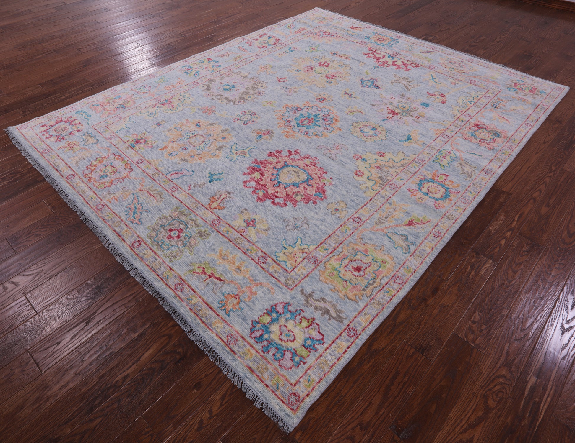 Light Blue Turkish Oushak Hand Knotted Wool Rug - 8' 1" X 9' 11" - Golden Nile