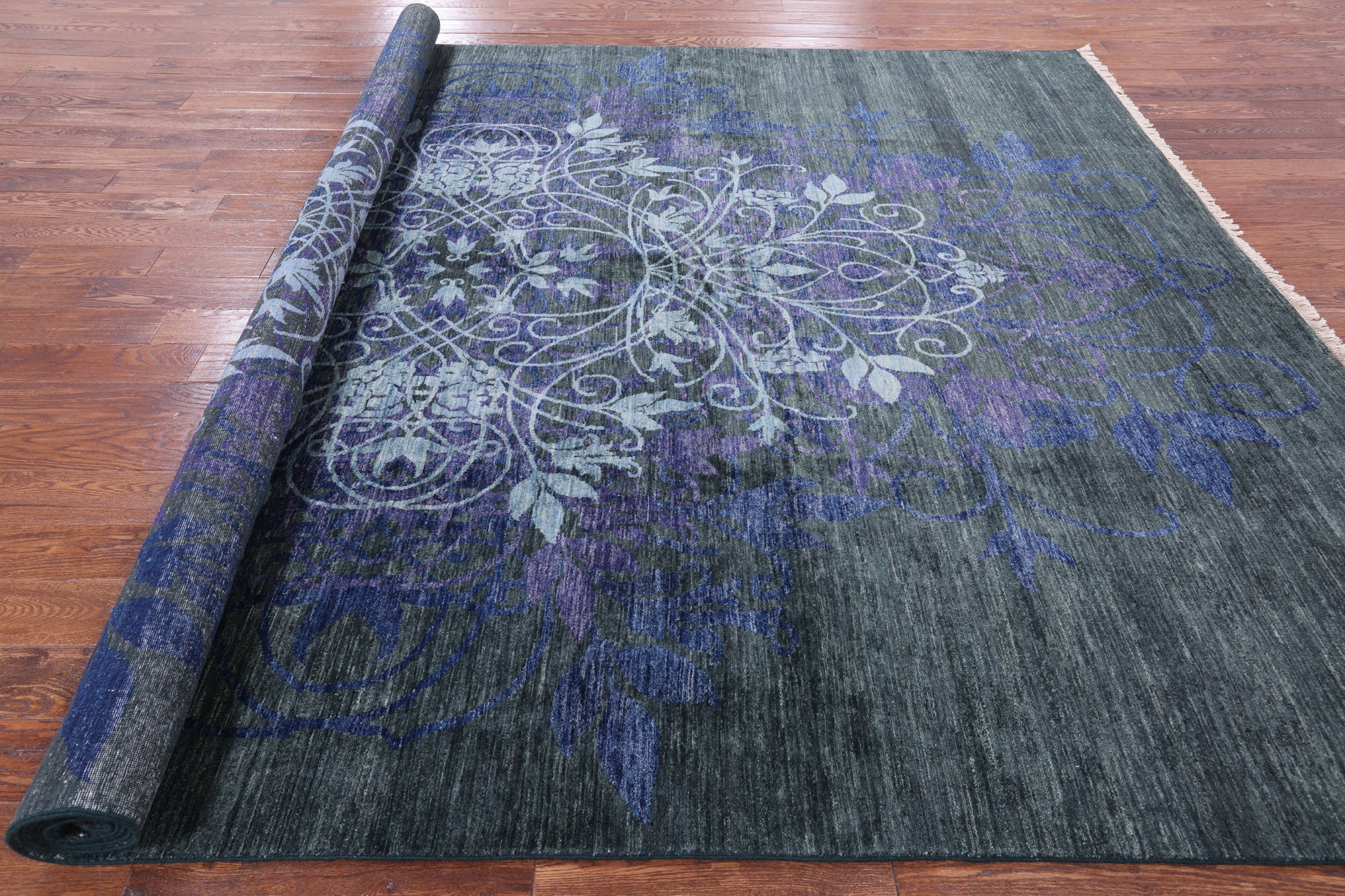 Green William Morris Handmade Wool Area Rug - 9' 3" X 12' 10" - Golden Nile