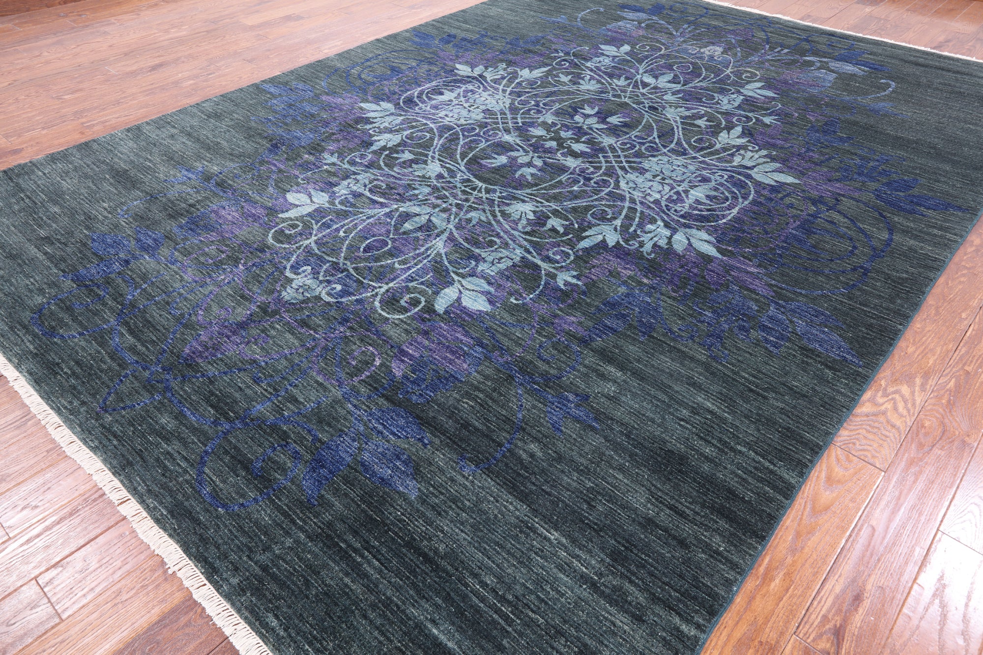 Green William Morris Handmade Wool Area Rug - 9' 3" X 12' 10" - Golden Nile