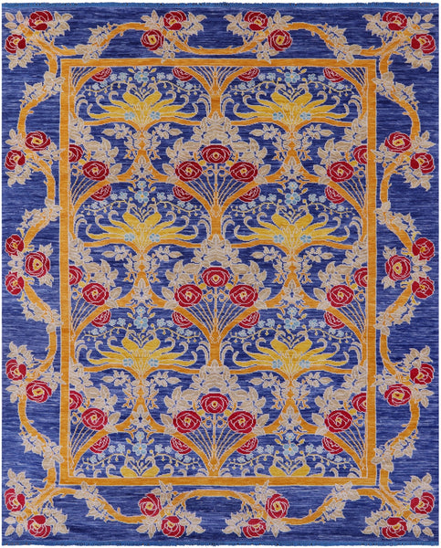 Blue William Morris Hand Knotted Wool Rug - 9' 5" X 11' 10" - Golden Nile