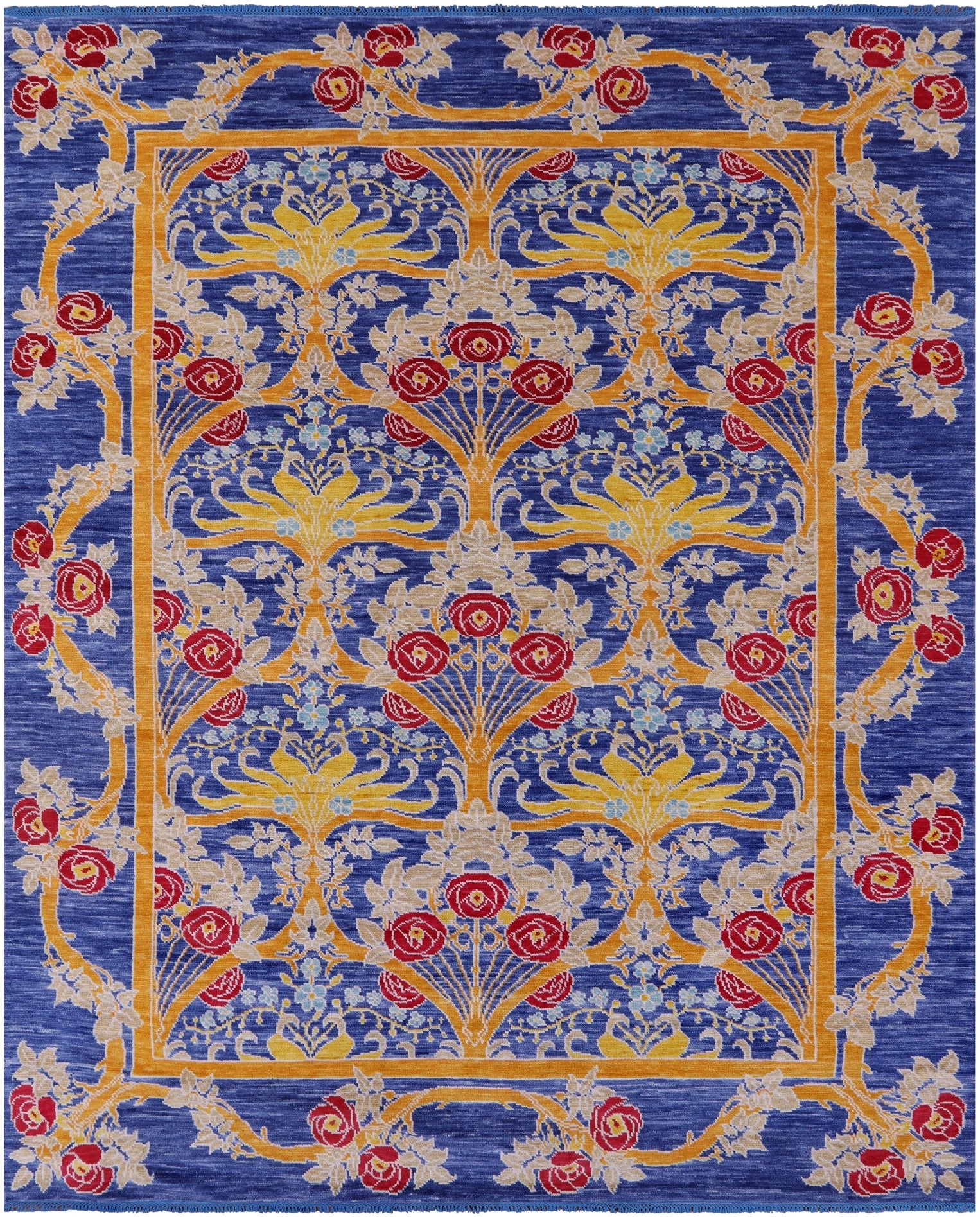 Blue William Morris Hand Knotted Wool Rug - 9' 5" X 11' 10" - Golden Nile
