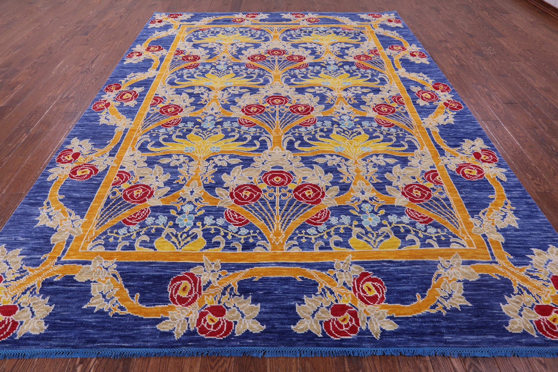 Blue William Morris Hand Knotted Wool Rug - 9' 5" X 11' 10" - Golden Nile