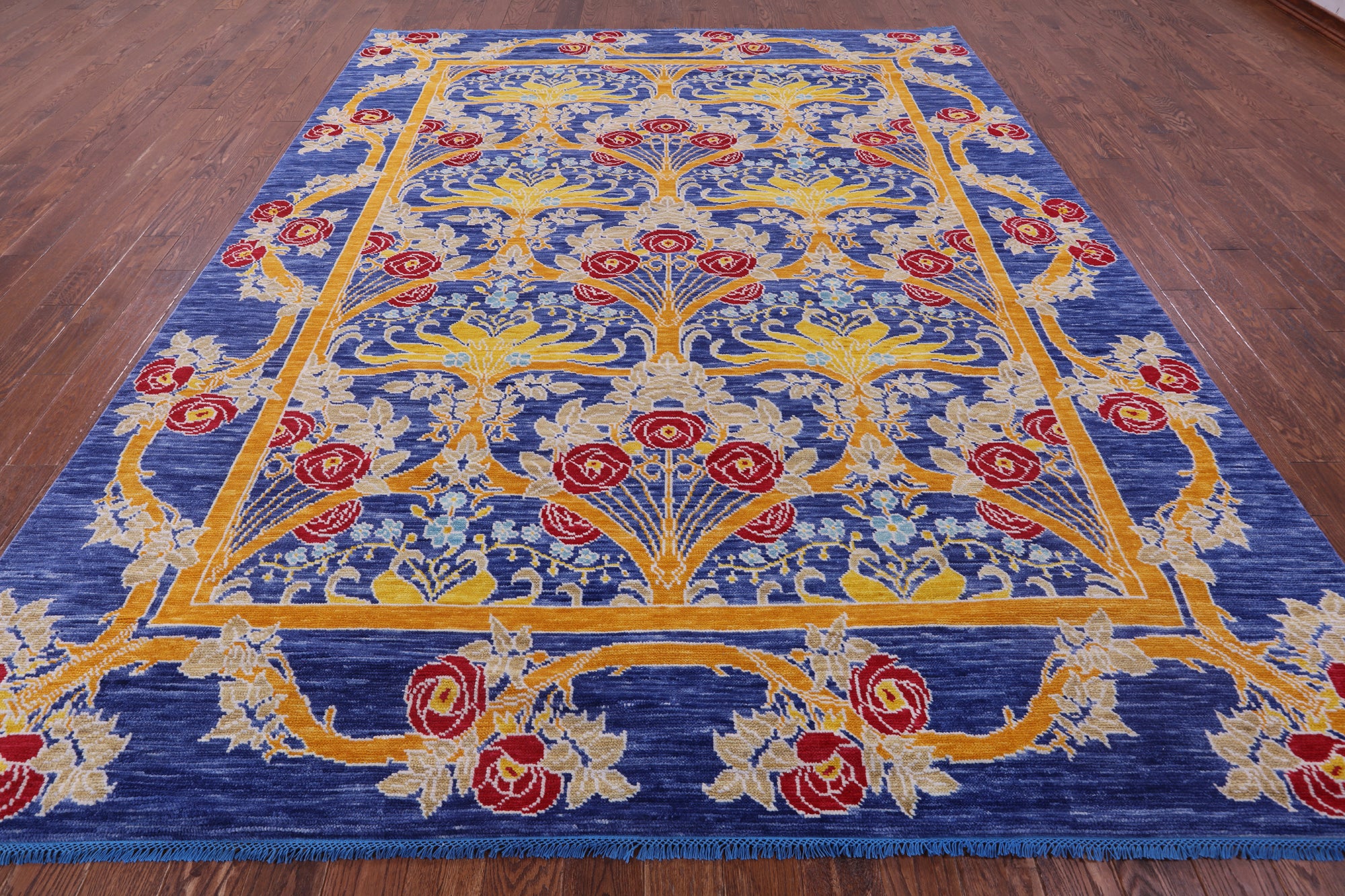 Blue William Morris Hand Knotted Wool Rug - 9' 5" X 11' 10" - Golden Nile