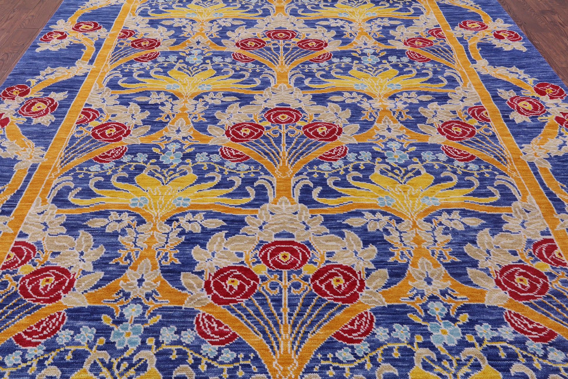 Blue William Morris Hand Knotted Wool Rug - 9' 5" X 11' 10" - Golden Nile
