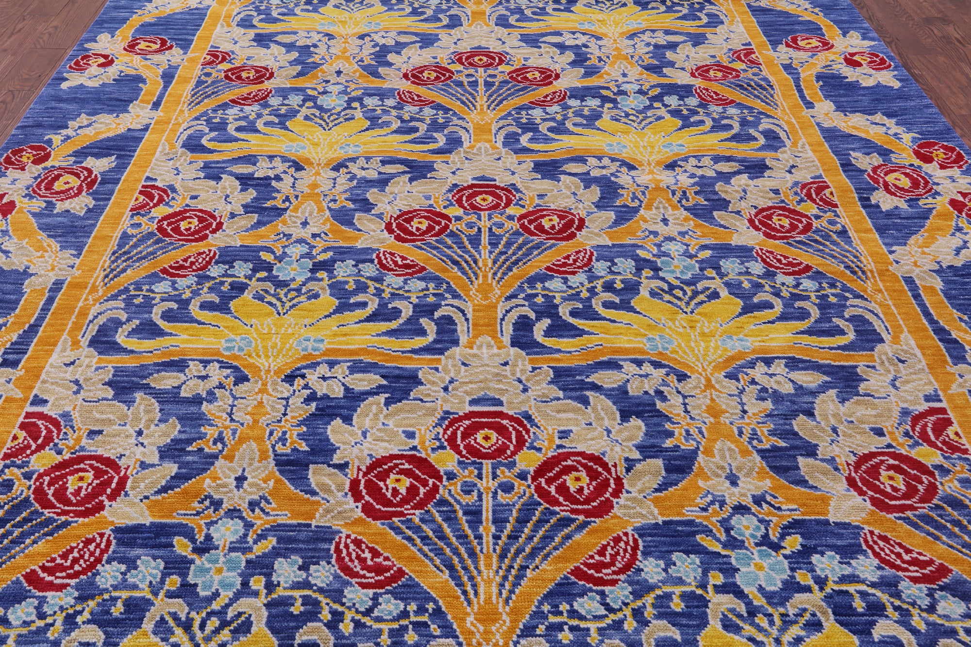 Blue William Morris Hand Knotted Wool Rug - 9' 5" X 11' 10" - Golden Nile