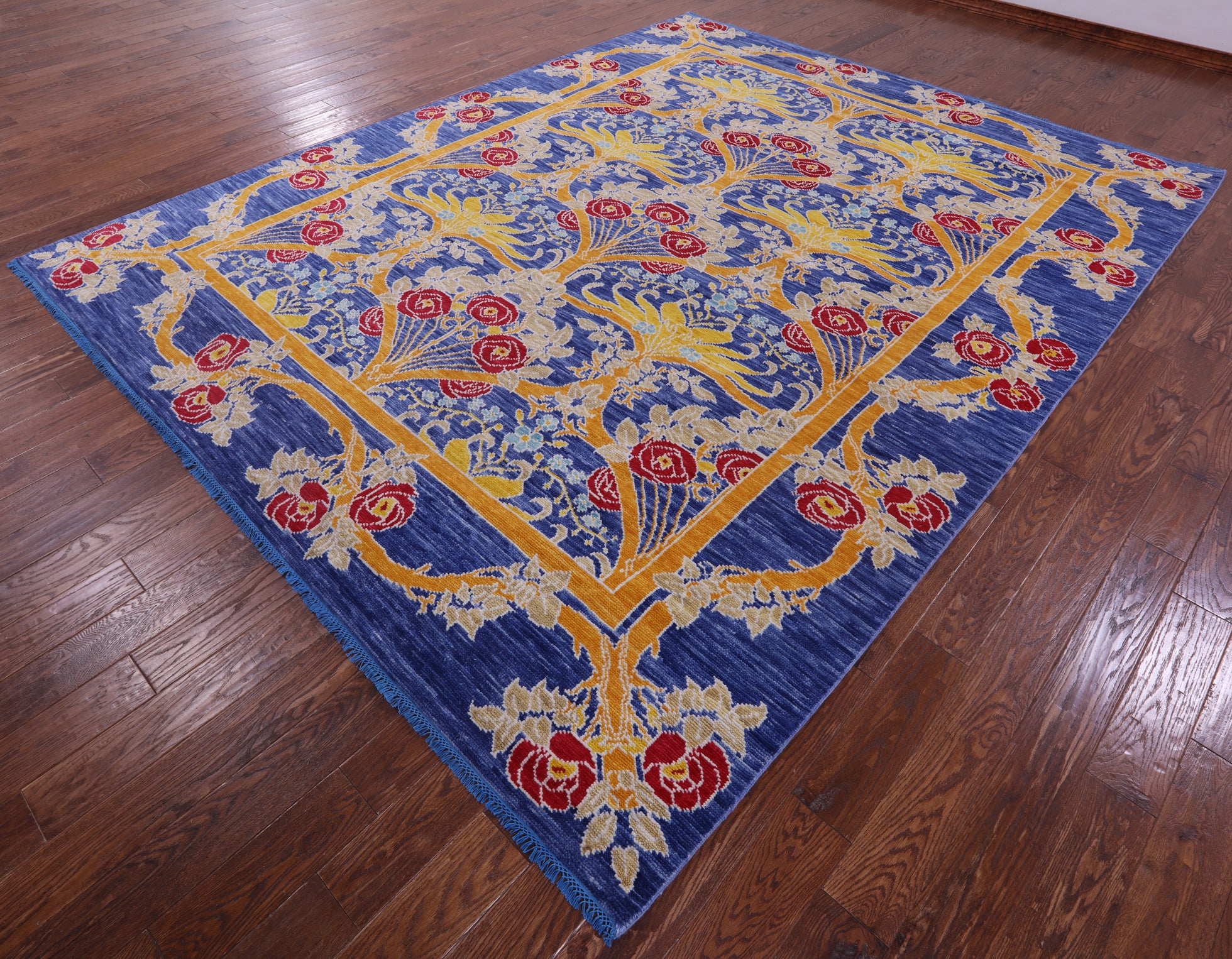 Blue William Morris Hand Knotted Wool Rug - 9' 5" X 11' 10" - Golden Nile