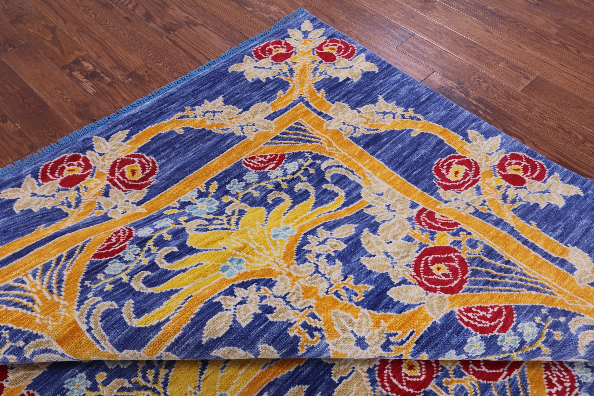 Blue William Morris Hand Knotted Wool Rug - 9' 5" X 11' 10" - Golden Nile