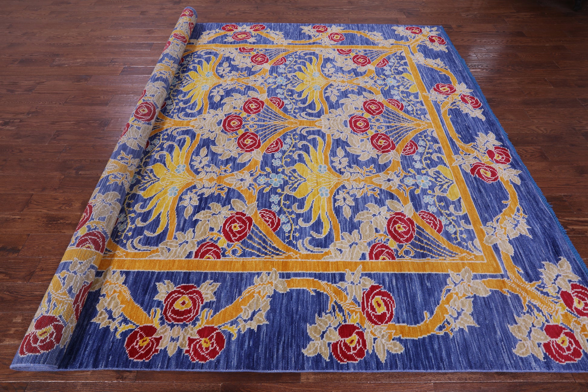 Blue William Morris Hand Knotted Wool Rug - 9' 5" X 11' 10" - Golden Nile
