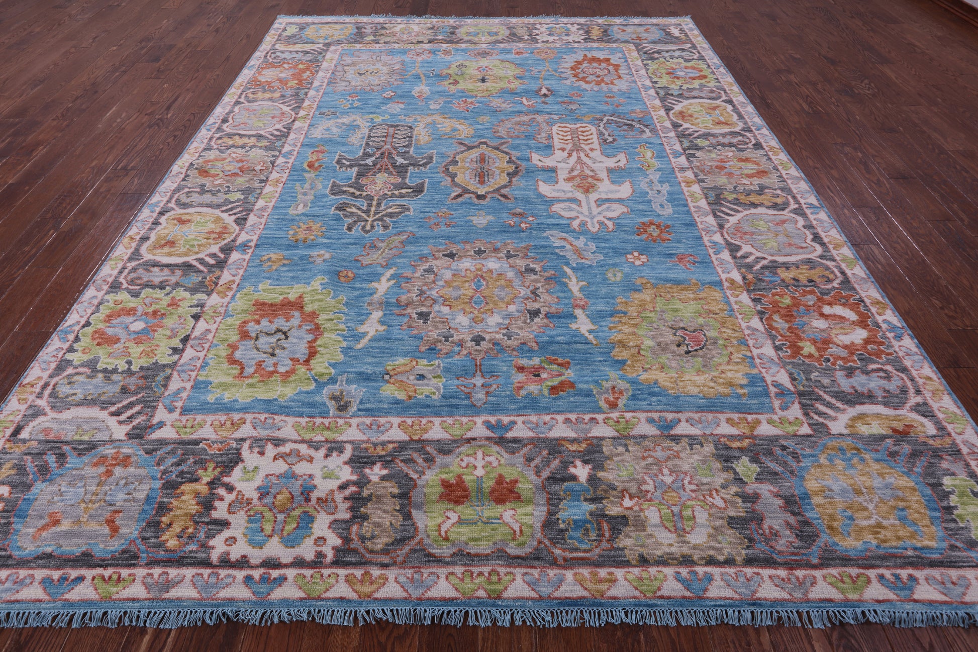 Blue Turkish Oushak Hand Knotted Wool Rug - 9' 2" X 12' 2" - Golden Nile