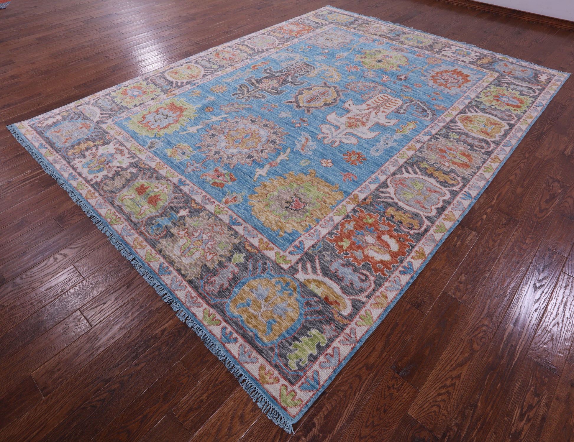 Blue Turkish Oushak Hand Knotted Wool Rug - 9' 2" X 12' 2" - Golden Nile