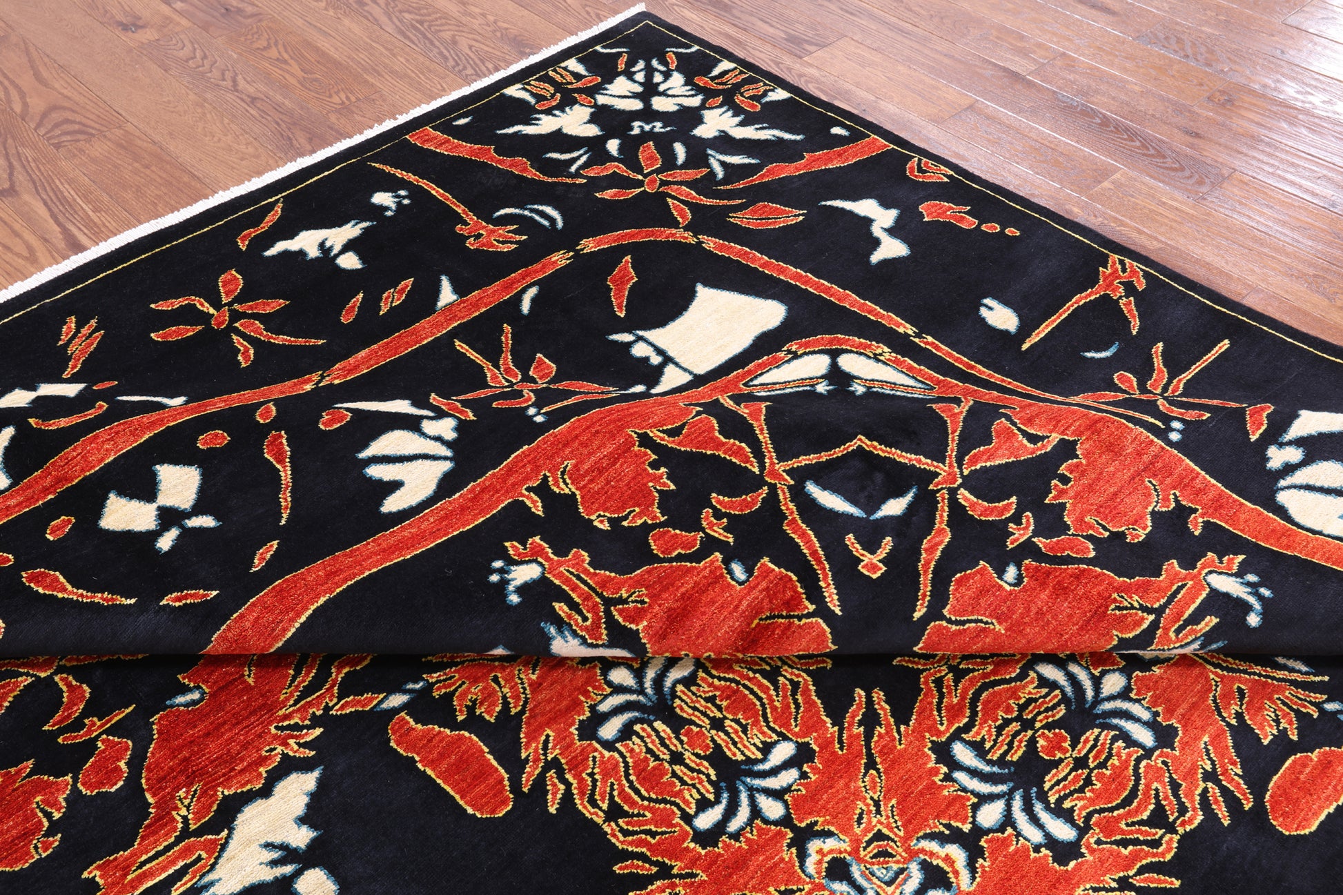 Black William Morris Handmade Wool Area Rug - 9' 2" X 11' 10" - Golden Nile